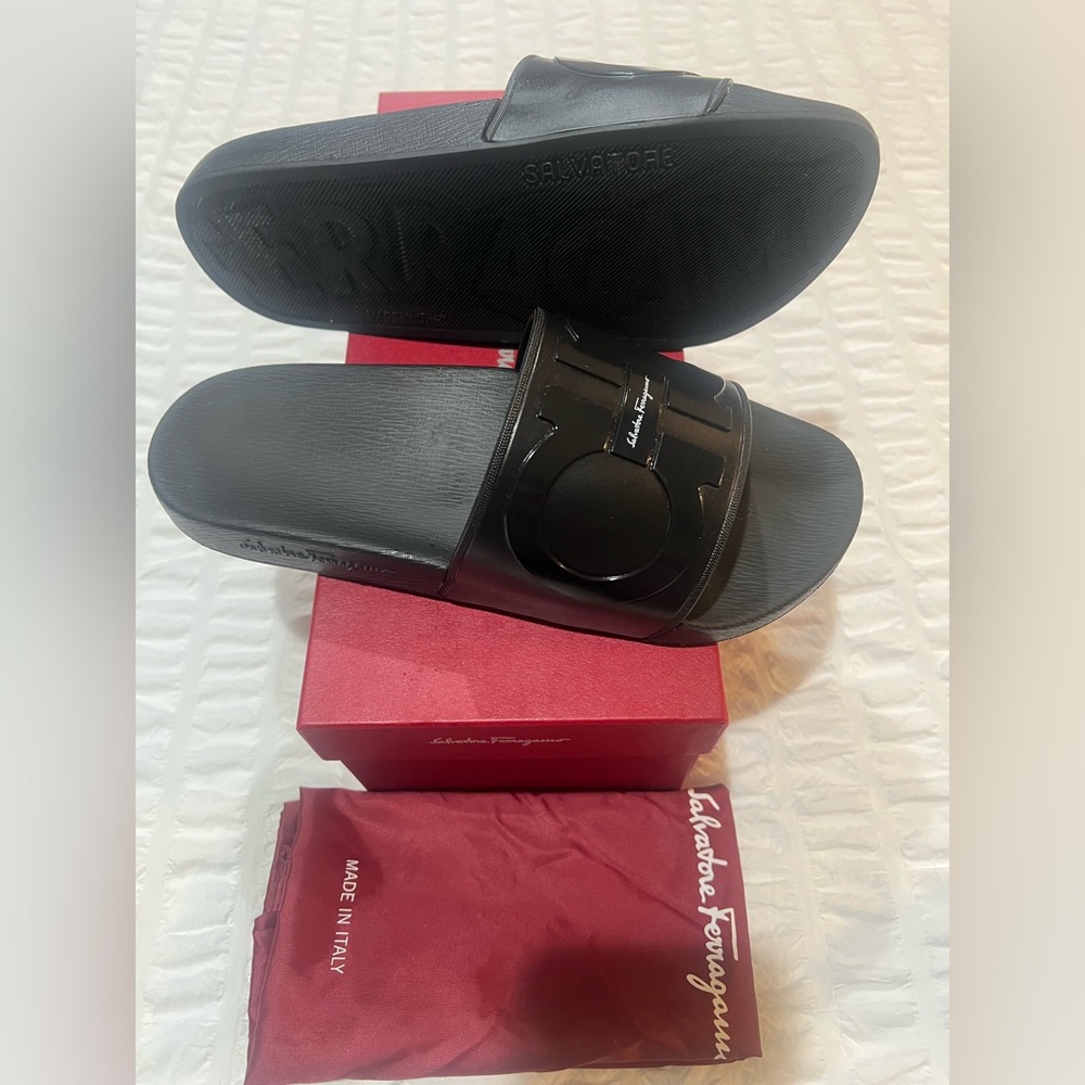 Salvatore Ferragamo Black Patent Leather Slide Sandals